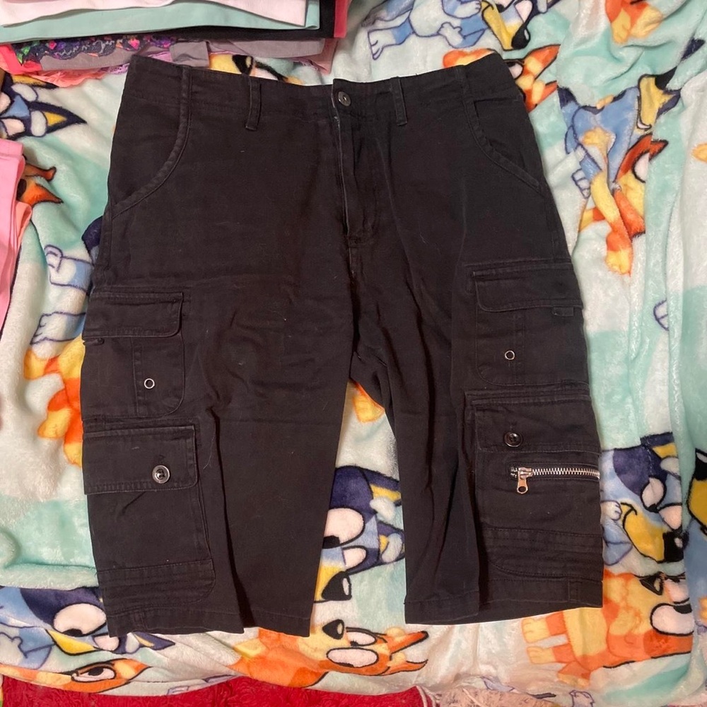 Black Cargo Shorts with Zipper Detail